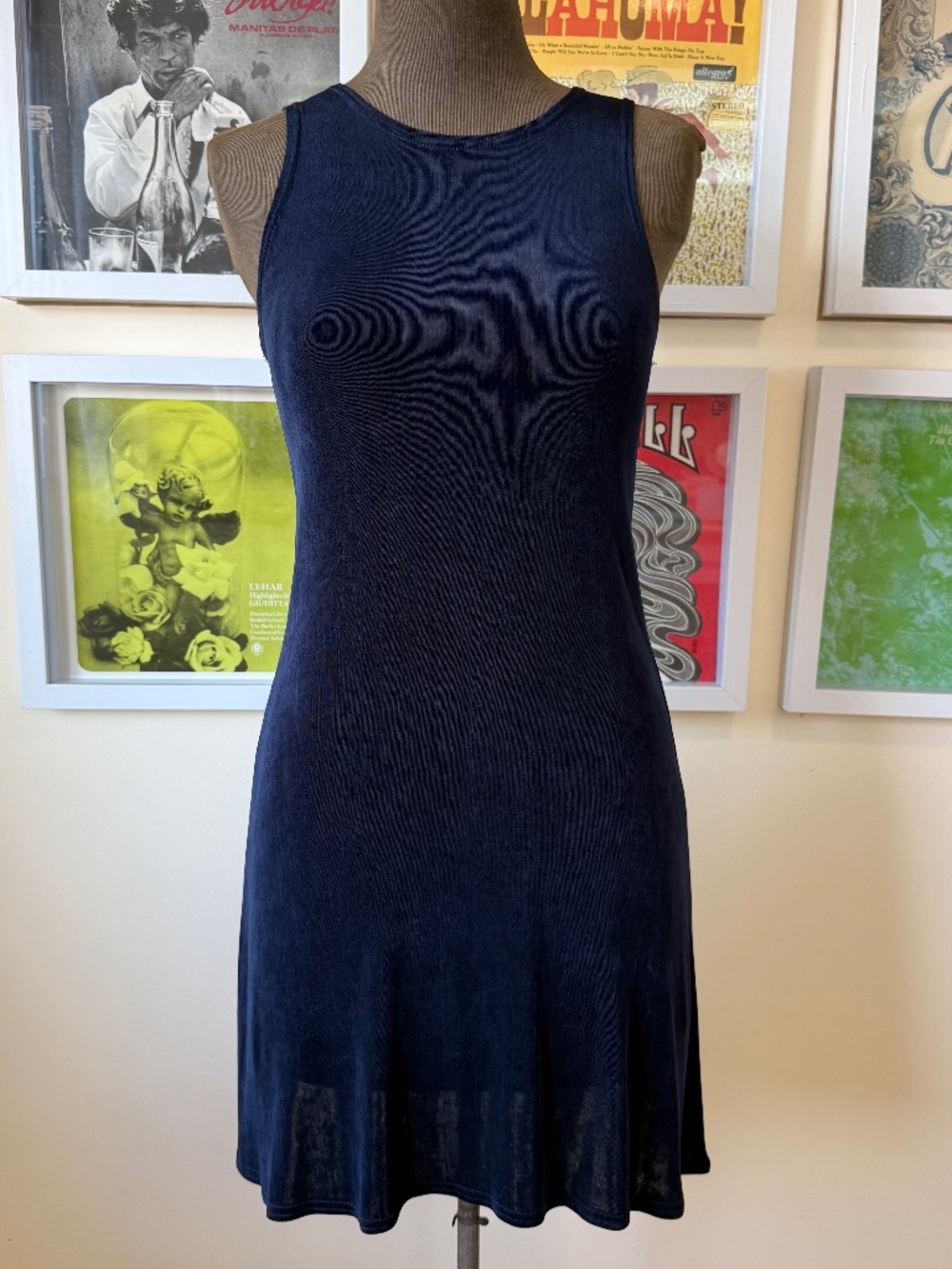 Vintage 90s Navy Slinky Mini Dress Minimalist Sleeveless Fit & Flare Dress